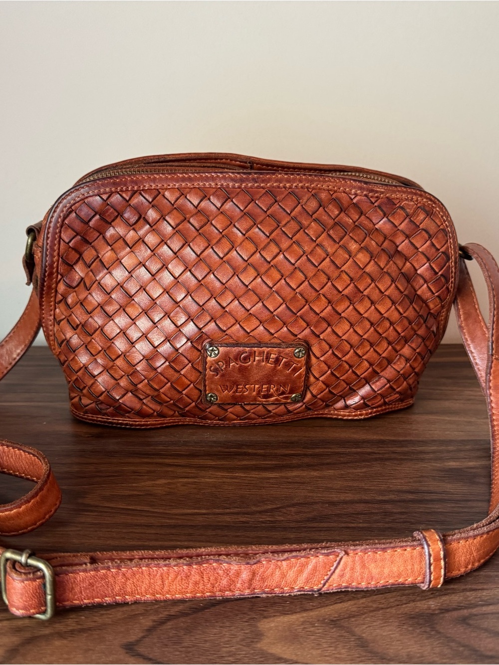 Spaghetti Western - Woven Leather Crossbody Bag - Cognac